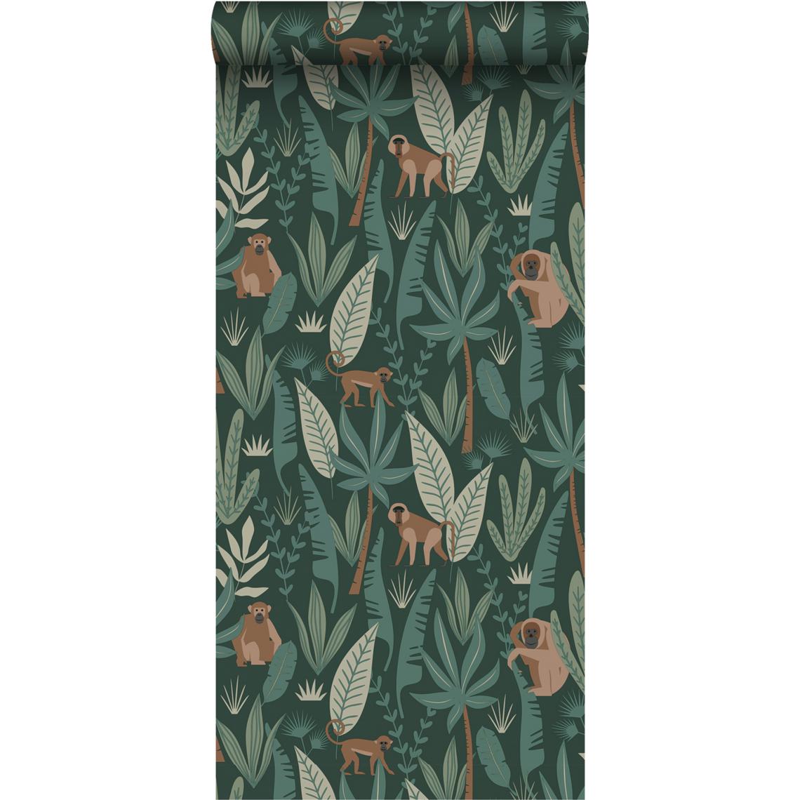 ESTAhome - ESTAhome papier peint singes de la jungle vert foncé - 139234 - 0.53 x 10.05 m - Papier peint