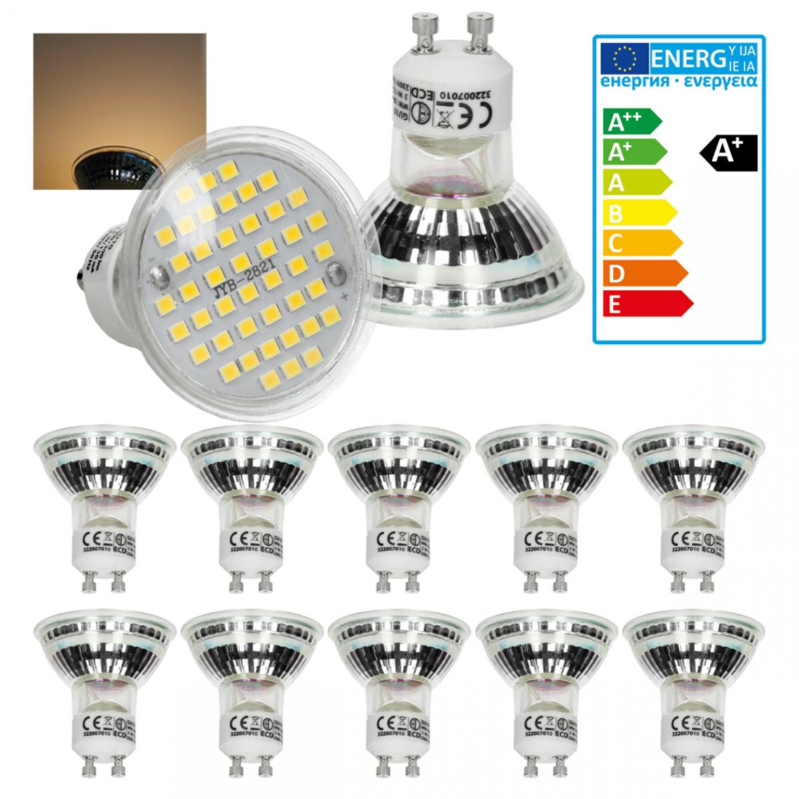 Ecd Germany - ECD Germany 10 x LED GU10 44SMD Spot 3W - Lampe à LED 20W - en verre - 251 lumens - Blanc chaud 3000K - Spot à encastrer - Ampoules LED