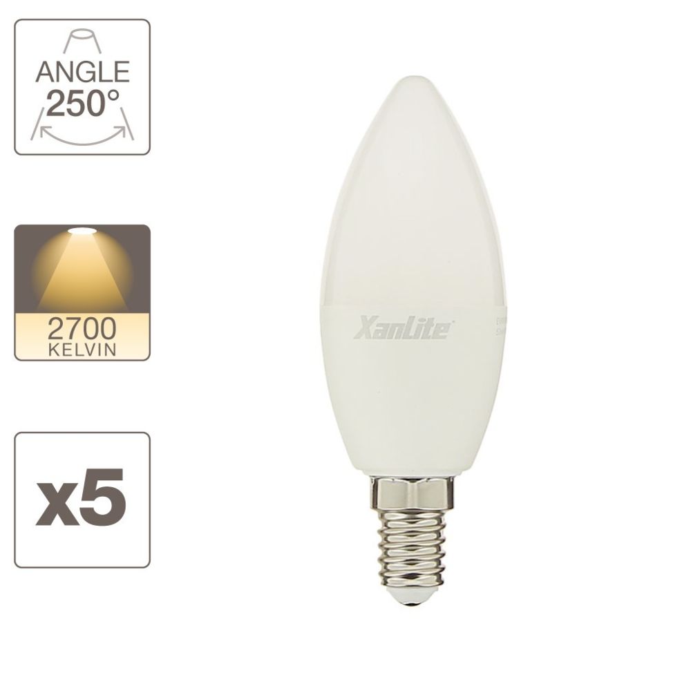Xanlite - Lot x5 Ampoules LED flamme, culot E14, 5,5W cons. (40 W éq), lumière blanc chaud - Ampoules LED