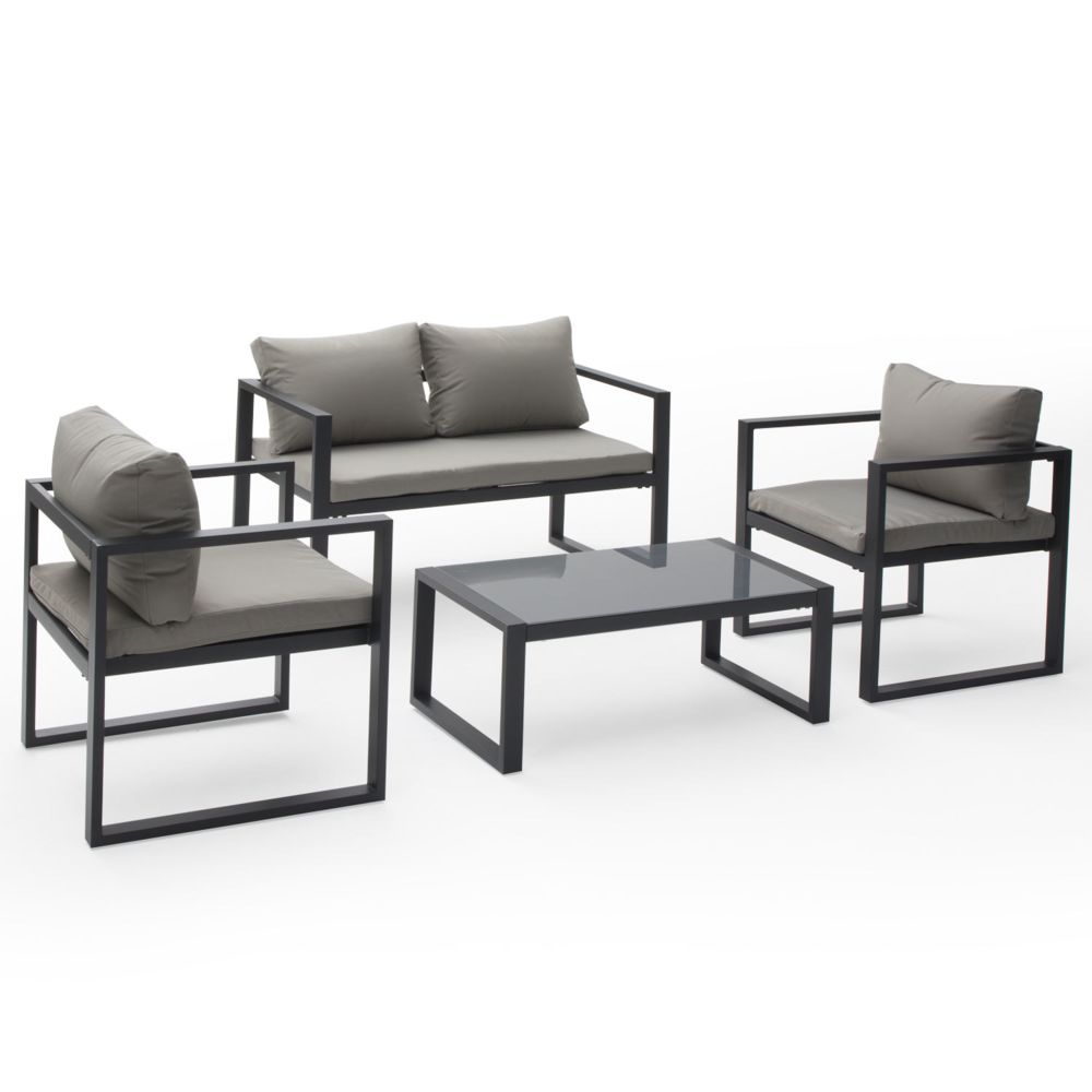 Happy Garden - Salon de jardin IBIZA en tissu gris 4 places - aluminium anthracite - Ensembles tables et chaises