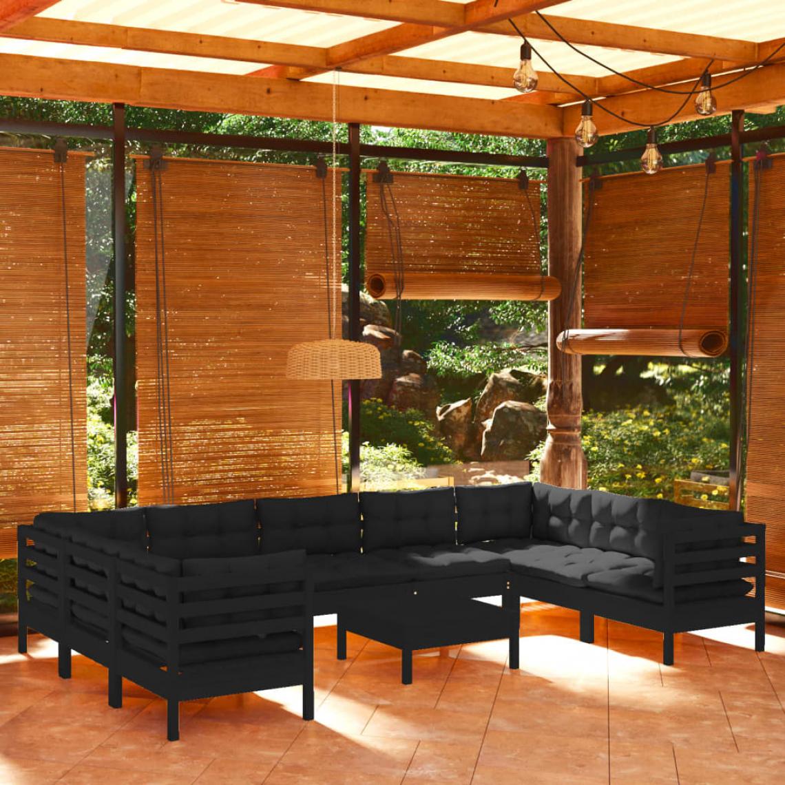 Vidaxl - vidaXL Salon de jardin 10 pcs avec coussins Noir Bois de pin - Ensembles canapés et fauteuils