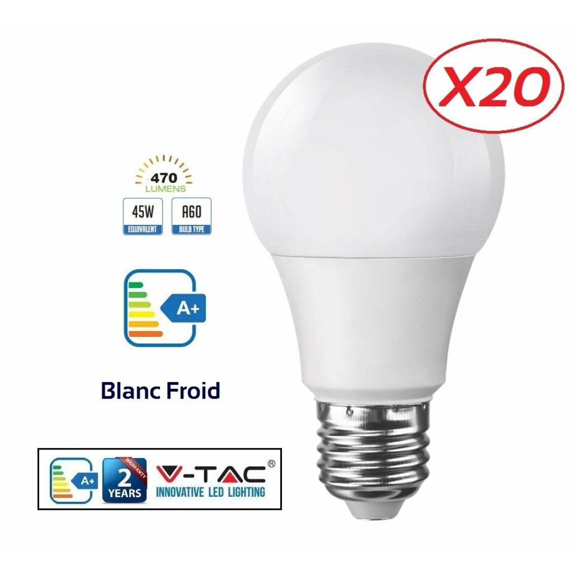 Lampesecoenergie - Lot de 20 Ampoules LED V-TAC Culot E27 7W (éq. 45W) 470lm angle 200° lumière Blanc Froid 6400K - Ampoules LED