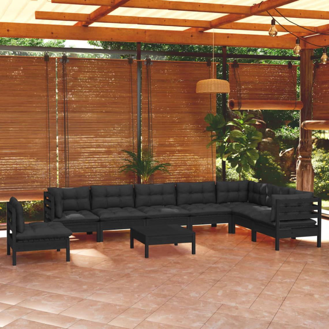 Vidaxl - vidaXL Salon de jardin 9 pcs avec coussins Noir Bois de pin solide - Ensembles canapés et fauteuils