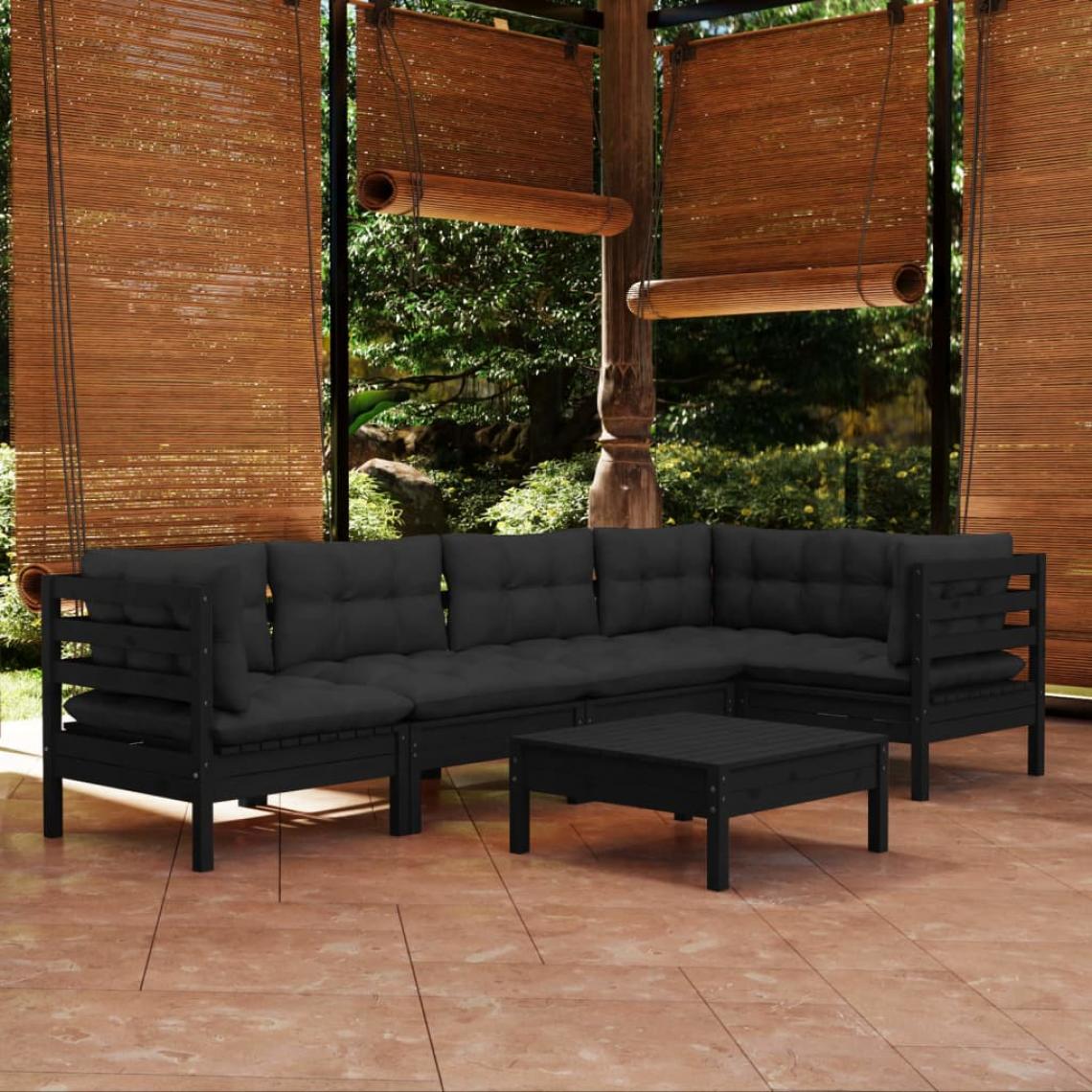 Vidaxl - vidaXL Salon de jardin 6 pcs avec coussins Noir Bois de pin - Ensembles canapés et fauteuils