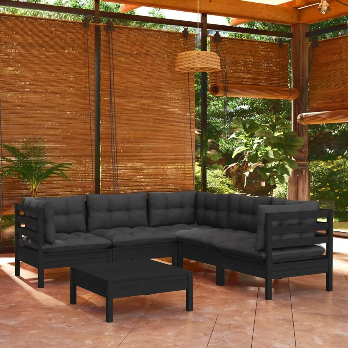 Vidaxl - vidaXL Salon de jardin 6 pcs avec coussins Noir Bois de pin solide - Ensembles canapés et fauteuils