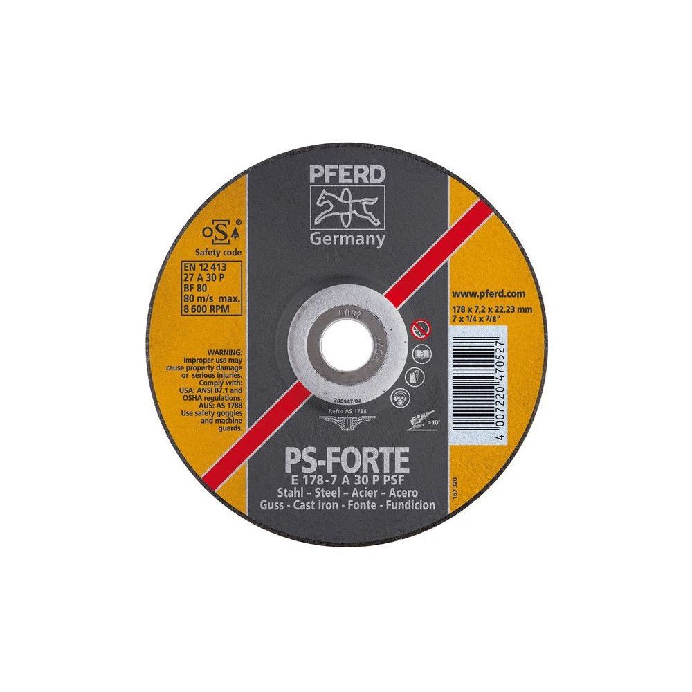 Pferd - Disque à ébarber PS-FORTE pour l'usinage de l'acier et de la fonte, Ø x Épais. : 125 x 7,2 mm, Modèle Coudé, Vitesse maxi. 12200 tr/mn - Accessoires meulage