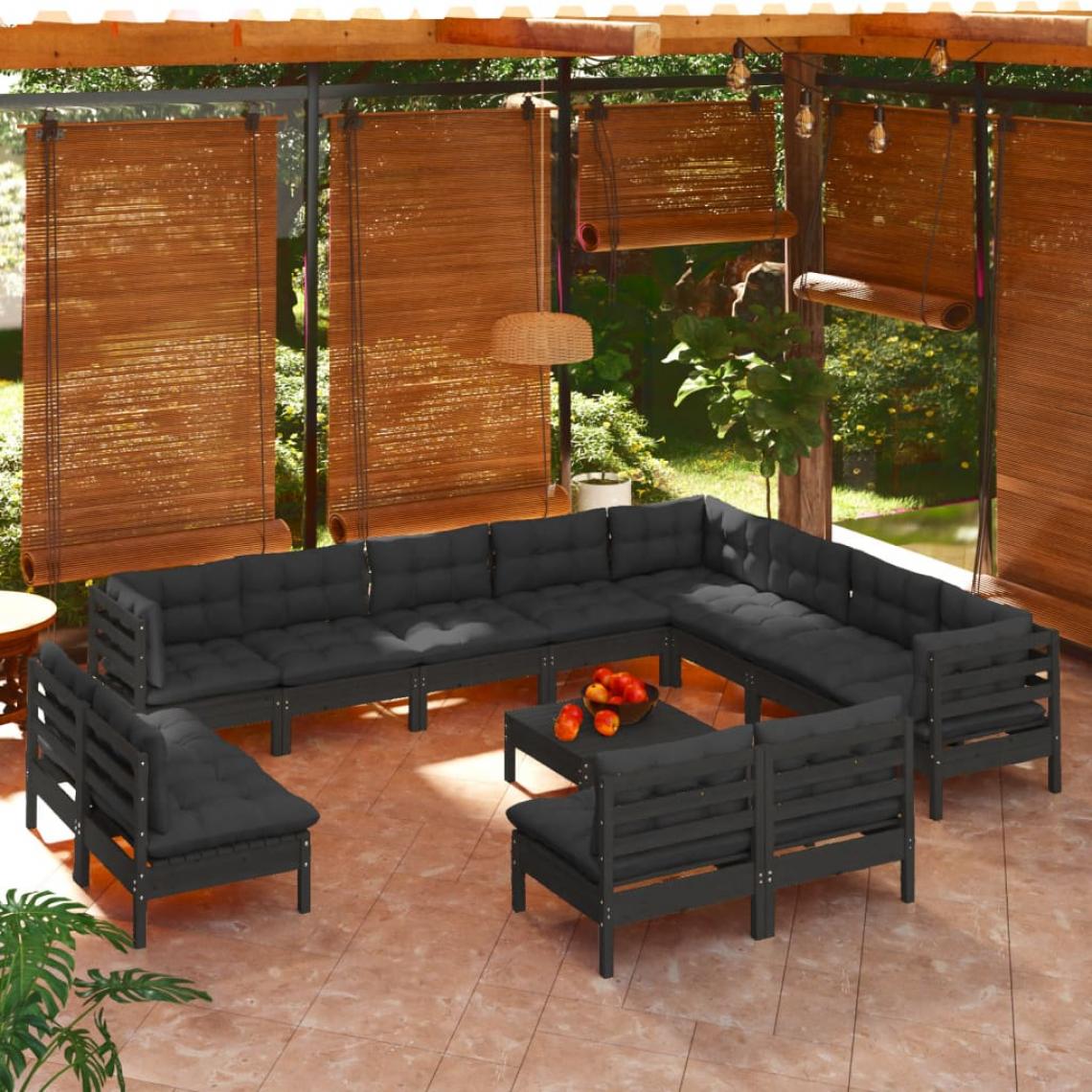 Vidaxl - vidaXL Salon de jardin 13 pcs avec coussins Noir Bois de pin solide - Ensembles canapés et fauteuils