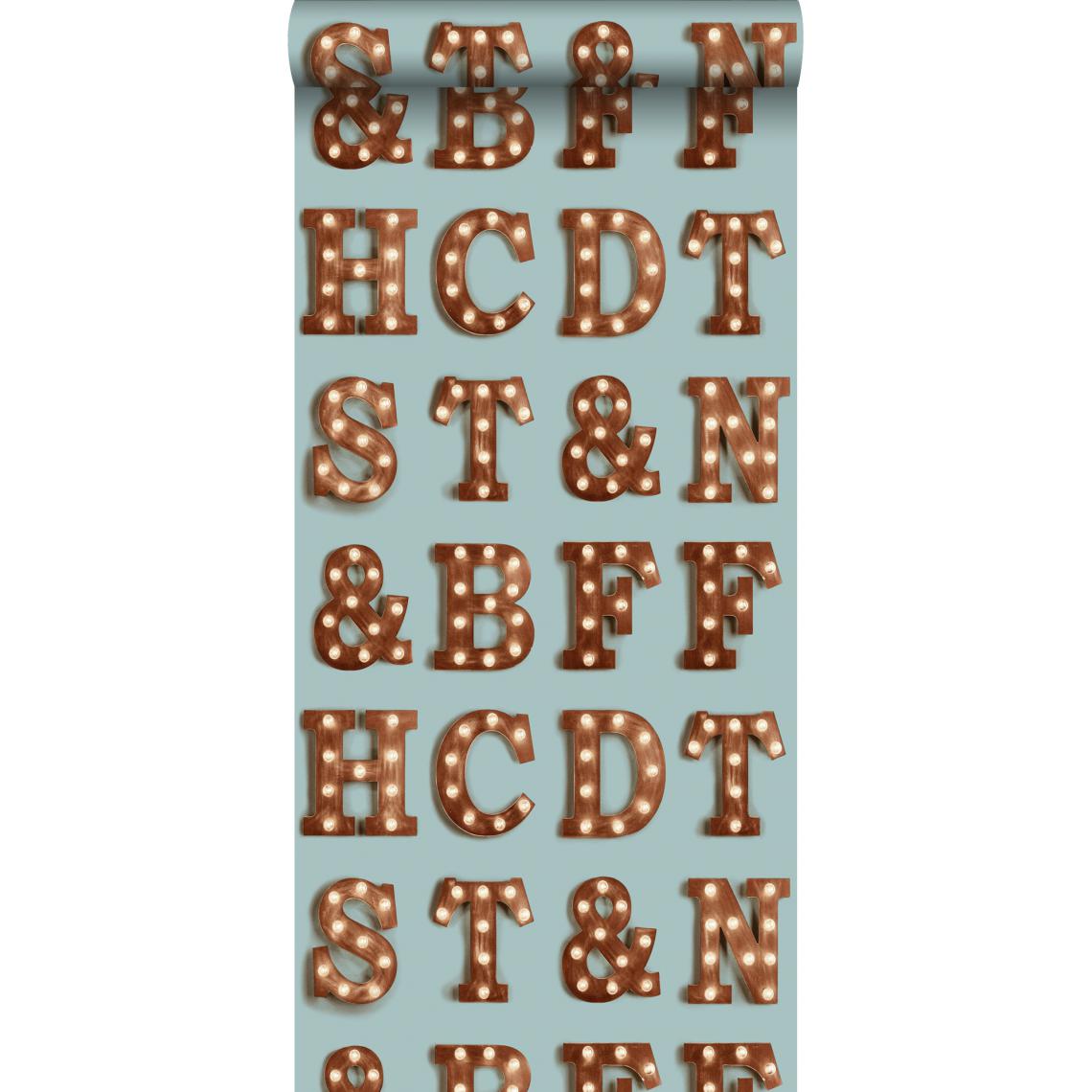 ESTAhome - ESTAhome papier peint lettres lumineuses en bois – marquee vintage bleu et brun sépia - 138851 - 0.53 x 10.05 m - Papier peint