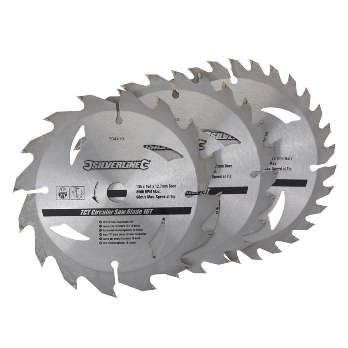 Silverline - 3 lames scie circulaire TCT 16, 24 et 30 dents - 135 x 12,7 - bague de réduction de 10 mm - Accessoires meulage