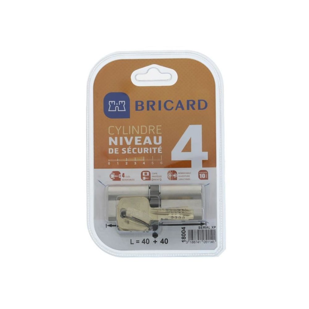 Bricard - BRICARD SERIAL XP 18004 Cylindre 40+40 mm double entrée nickelé niveau de sécurité 4 - Cylindre de porte