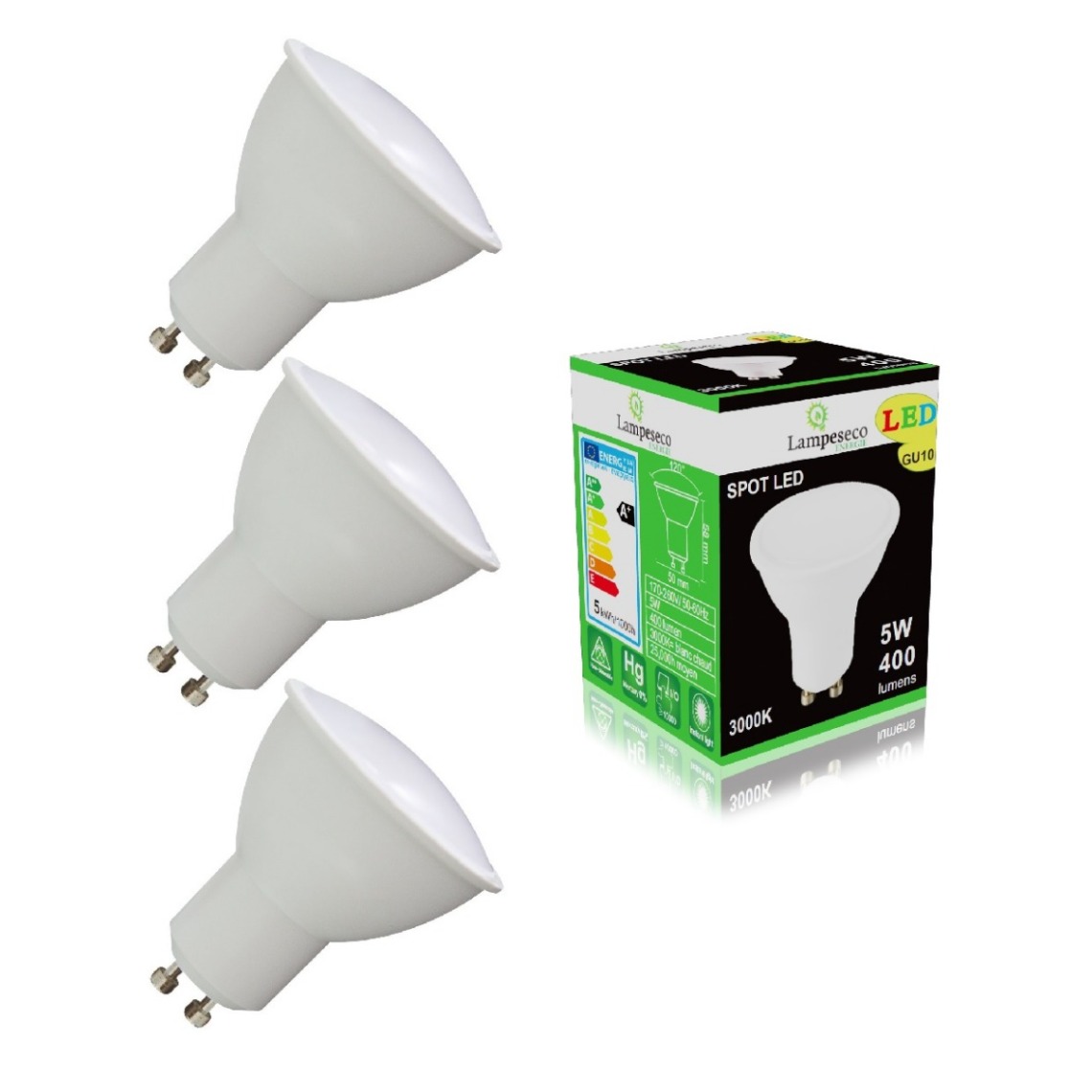 Lampesecoenergie - Pack de 3 Ampoules Led GU10 5W Blanc Chaud 3000K eq. 50W Halogène 120° - Ampoules LED