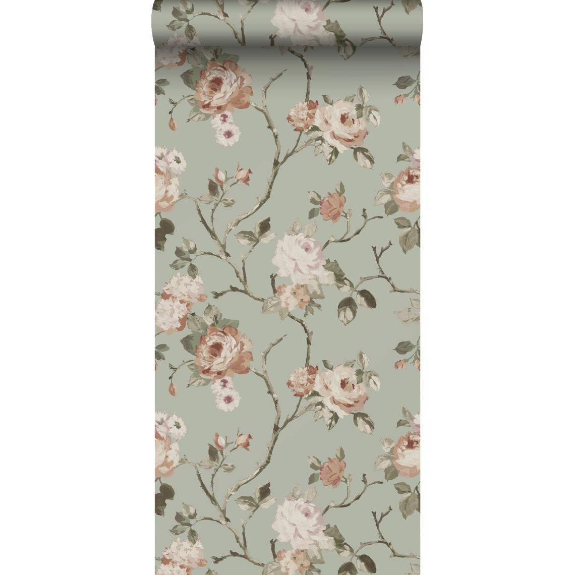 ESTAhome - ESTAhome papier peint fleurs vintage vert menthe grisé et rose clair - 139291 - 53 cm x 10,05 m - Papier peint
