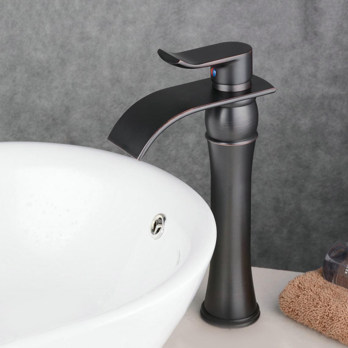 Kroos - Robinet mitigeur lavabo surélevé Noir moderne aux lignes courbes bec longueur moyenne et plat - Robinet de lavabo