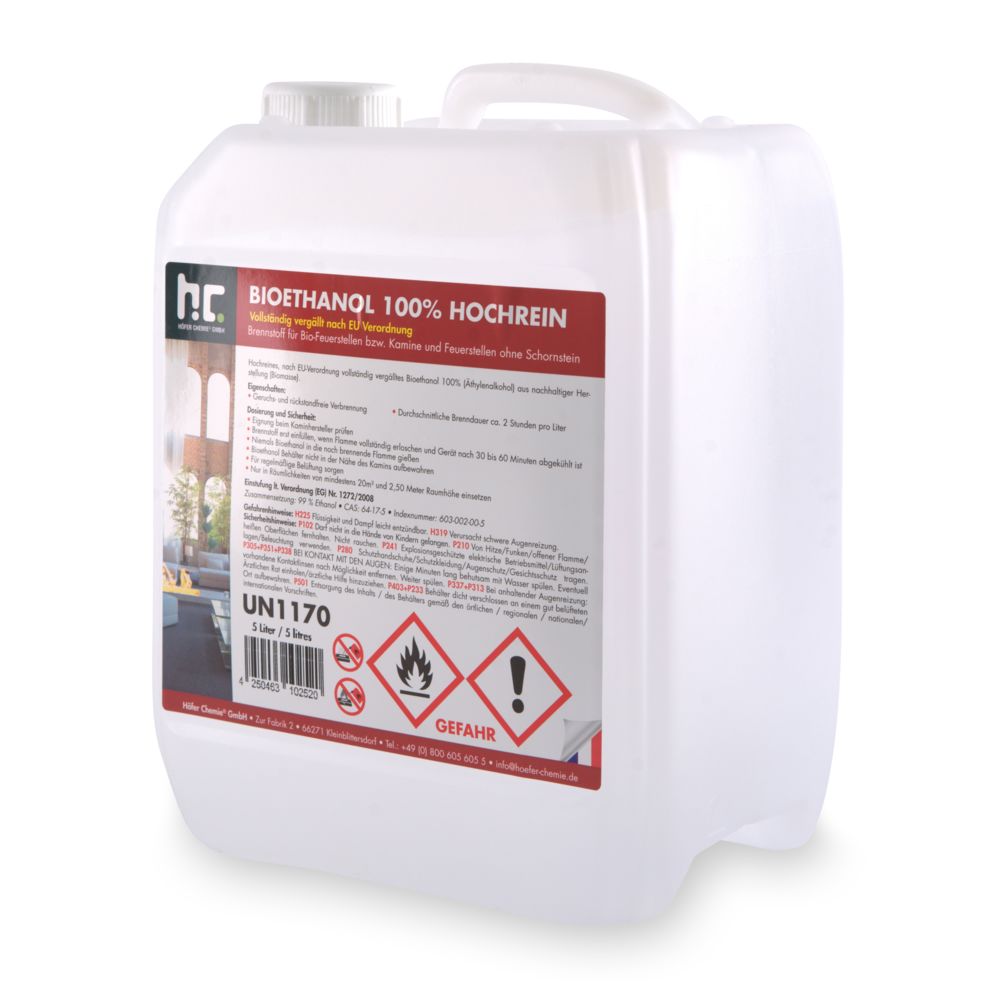 Hoefer Chemie - 40 L Bioéthanol à 100 % dénaturé en bidon de 5 litres (8 x 5 Litre) - Chauffage à pétrole / gaz
