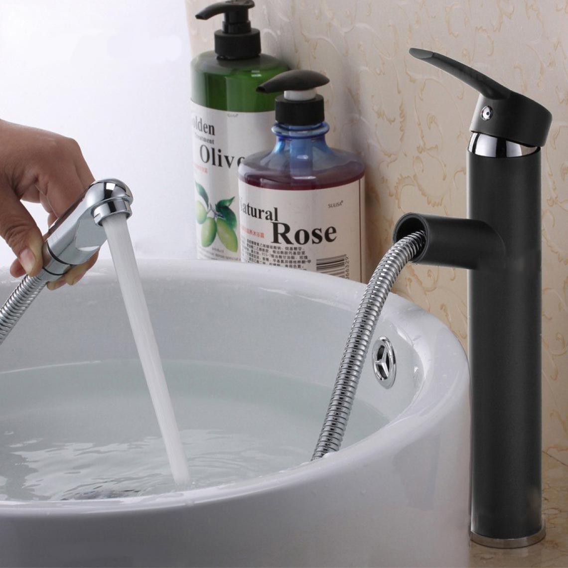 Kroos - Robinet lavabo surélevé sophistiqué avec tuyau d'extraction en acier inoxydable Noir Chromé - Robinet de lavabo