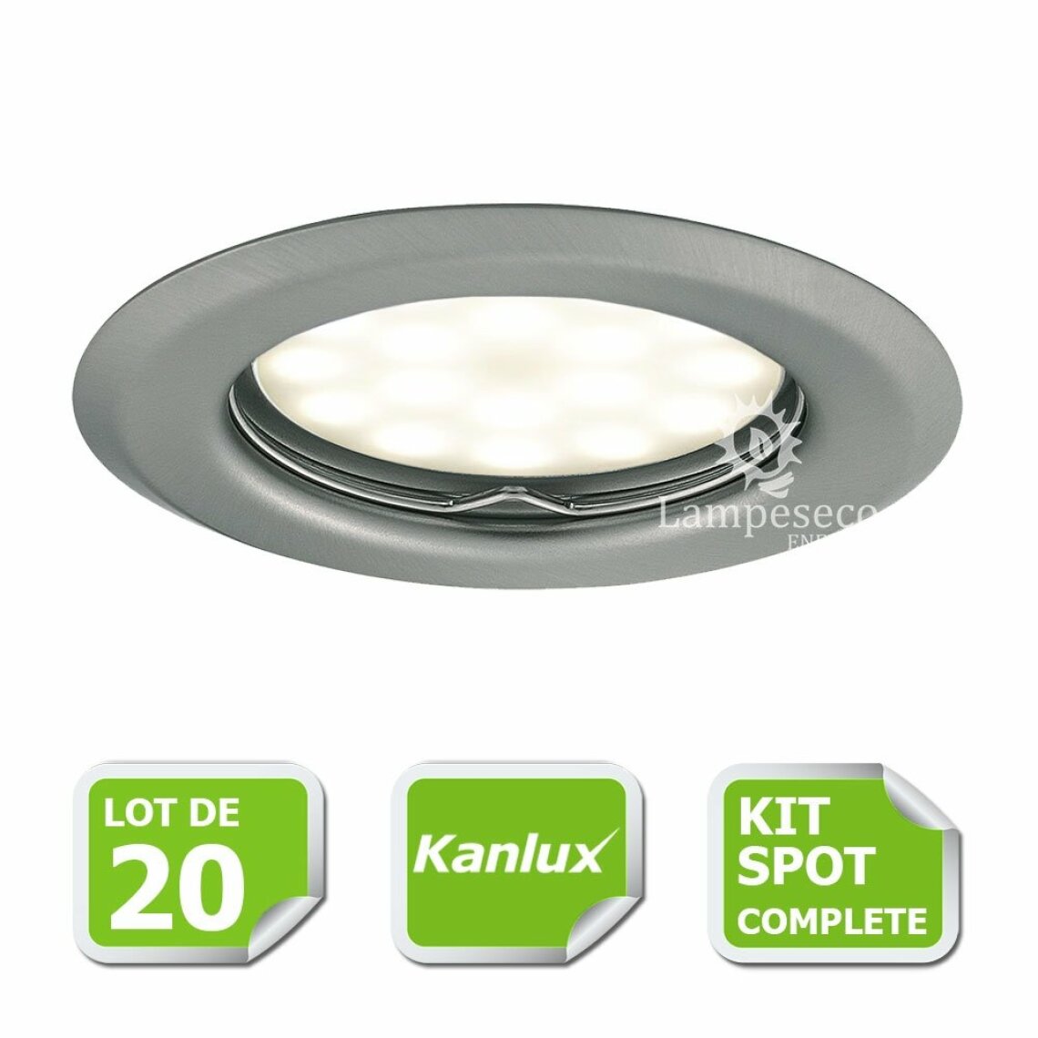 Kanlux - Kit complete de 20 Spots encastrable chrome mat marque Kanlux avec GU10 LED 5W Blanc Chaud - Boîtes d'encastrement