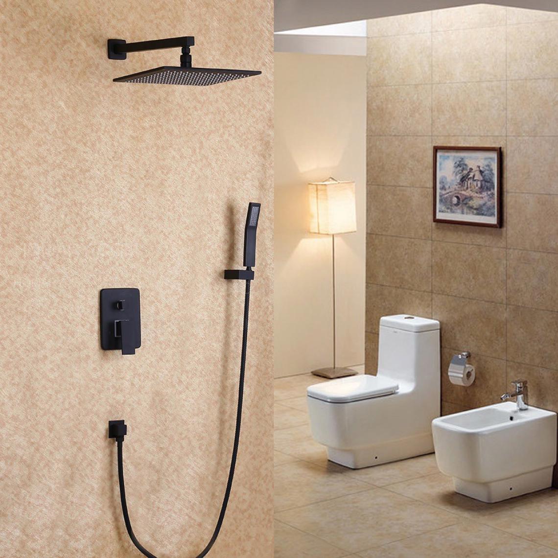 Kroos - Douche de pluie fixée au mur noir et ensemble de douche avec douchette en laiton massif 250 mm - Mitigeur douche