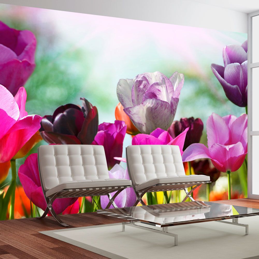 Bimago - Papier peint | Jardin fleuri au printemps, tulipes | 200x154 | Fleurs | Tulipes | - Papier peint
