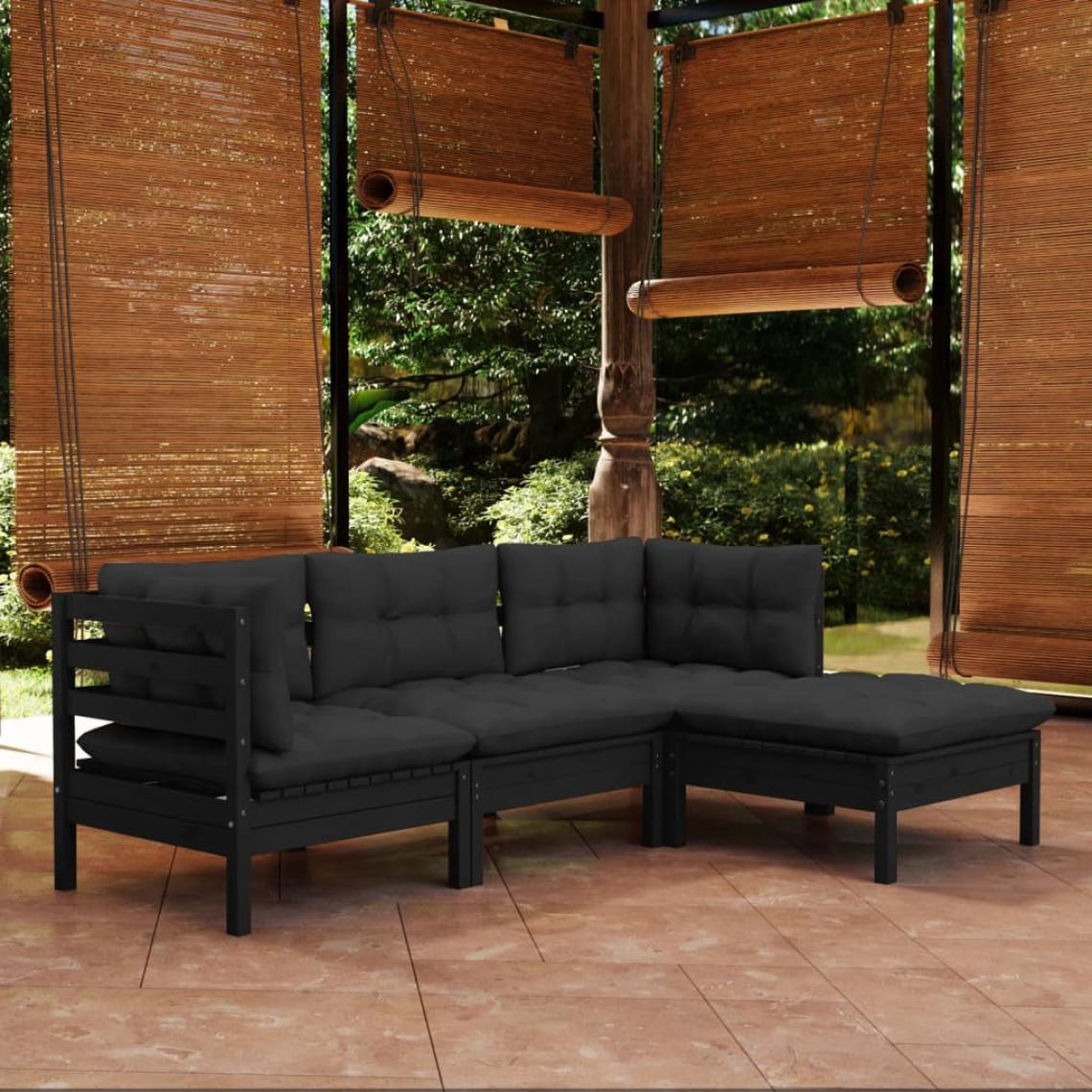 Vidaxl - vidaXL Salon de jardin 4 pcs avec coussins Noir Bois de pin - Ensembles canapés et fauteuils