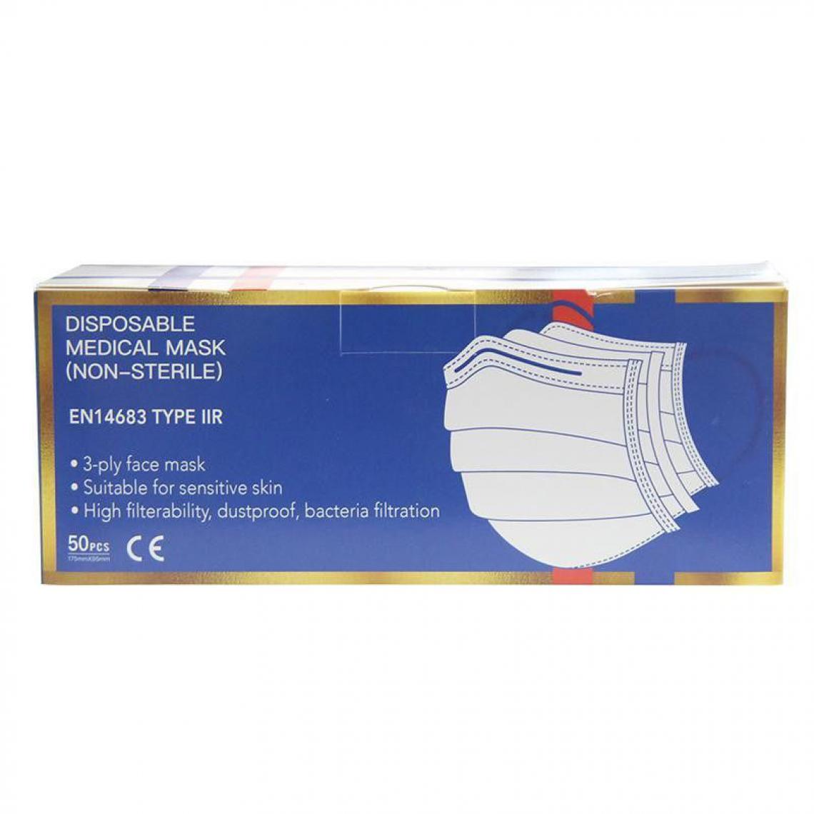 Sans Marque - Boîte de 50 Masques Chirurgicaux EN14683 : Type 2R - 99,5 % de filtration - Piles spécifiques