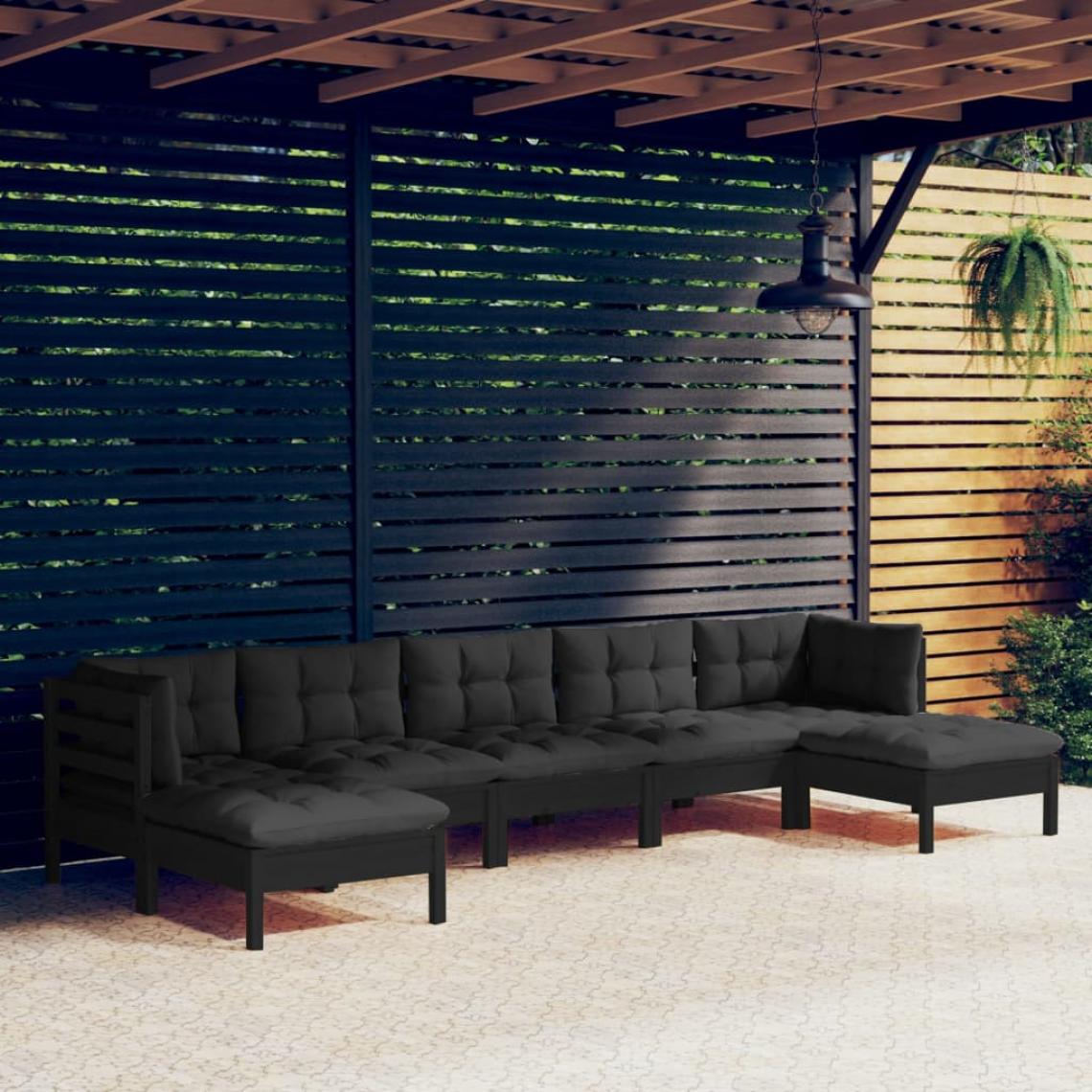 Vidaxl - vidaXL Salon de jardin 7 pcs avec coussins Noir Bois de pin - Ensembles canapés et fauteuils