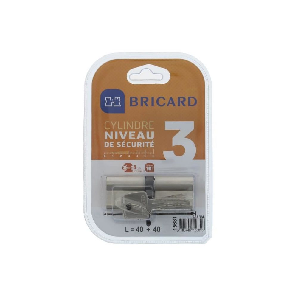 Bricard - BRICARD ASTRAL 15681 Cylindre 40+40 mm double entrée laiton nickelé - Cylindre de porte