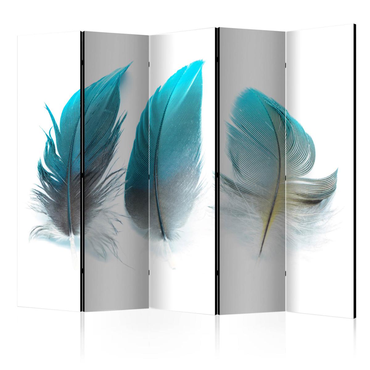 Bimago - Paravent 5 volets - Blue Feathers II [Room Dividers] - Décoration, image, art | 225x172 cm | XL - Grand Format | - Cloisons