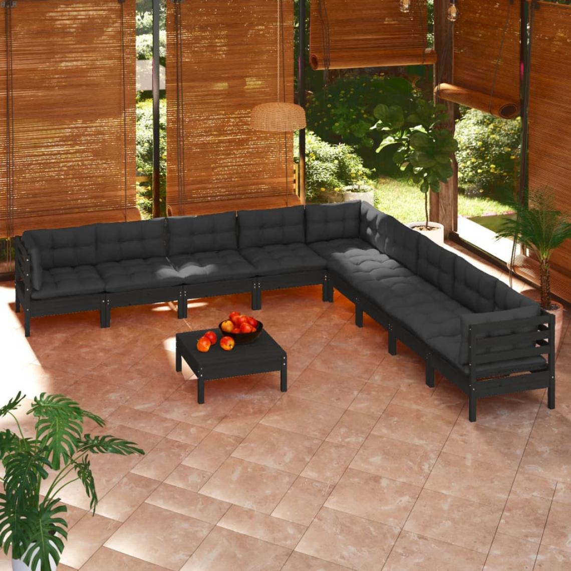 Vidaxl - vidaXL Salon de jardin 10 pcs avec coussins Noir Bois de pin solide - Ensembles canapés et fauteuils