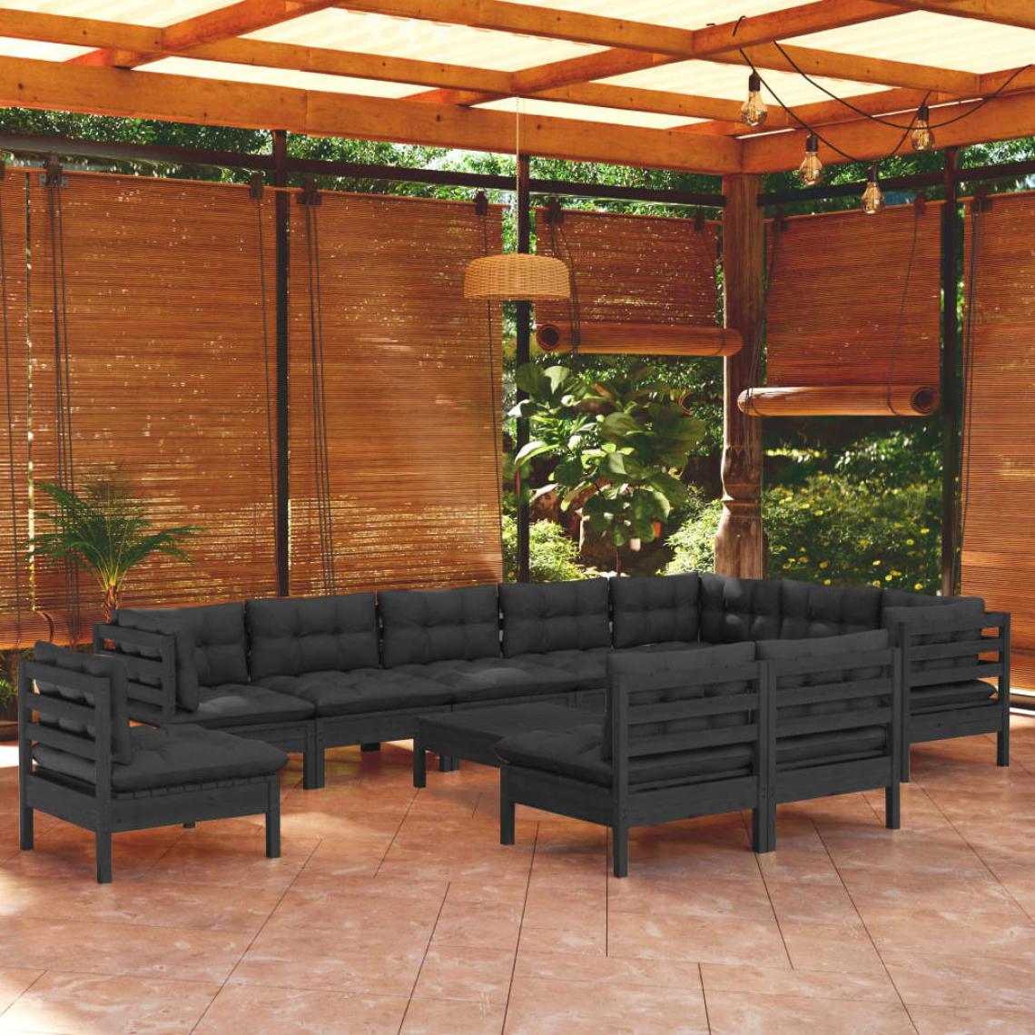 Vidaxl - vidaXL Salon de jardin 11 pcs avec coussins Noir Bois de pin solide - Ensembles canapés et fauteuils