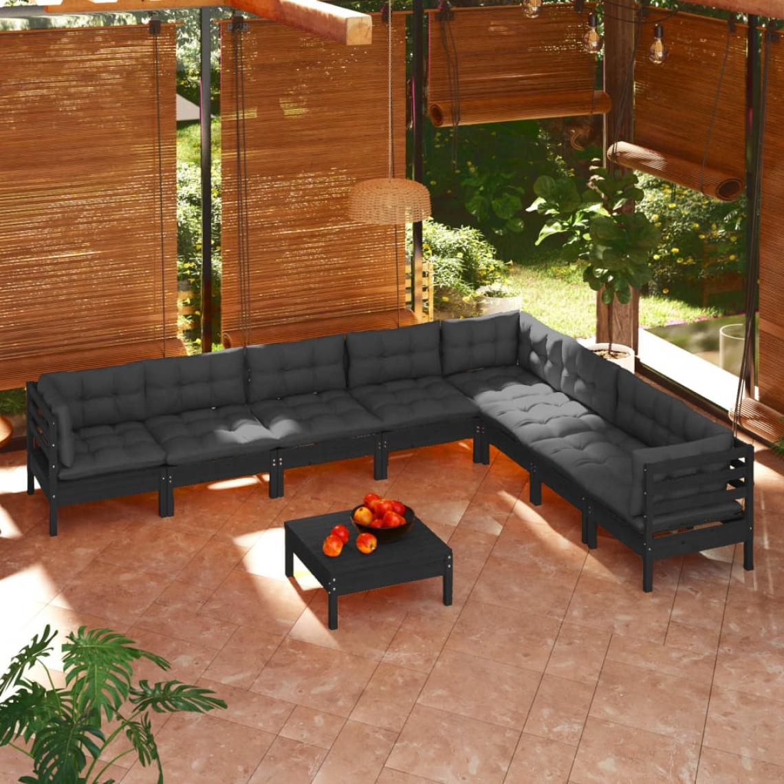 Vidaxl - vidaXL Salon de jardin 9 pcs avec coussins Noir Bois de pin solide - Ensembles canapés et fauteuils