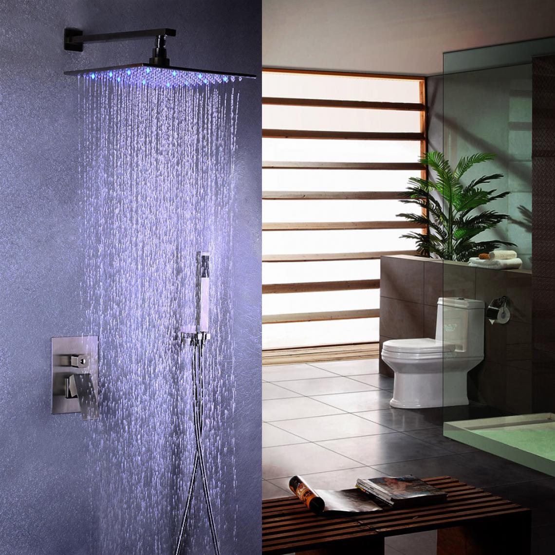 Kroos - Pomme de douche LED en acier inoxydable et système de douche à main en nickel brossé Avec LED 250 mm - Mitigeur douche