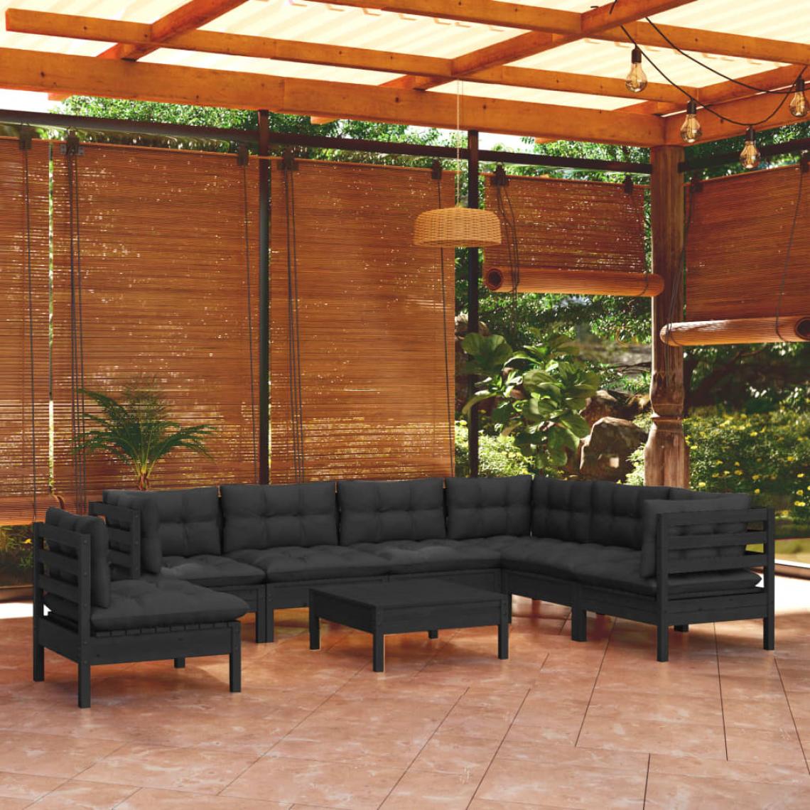 Vidaxl - vidaXL Salon de jardin 8 pcs avec coussins Noir Bois de pin solide - Ensembles canapés et fauteuils