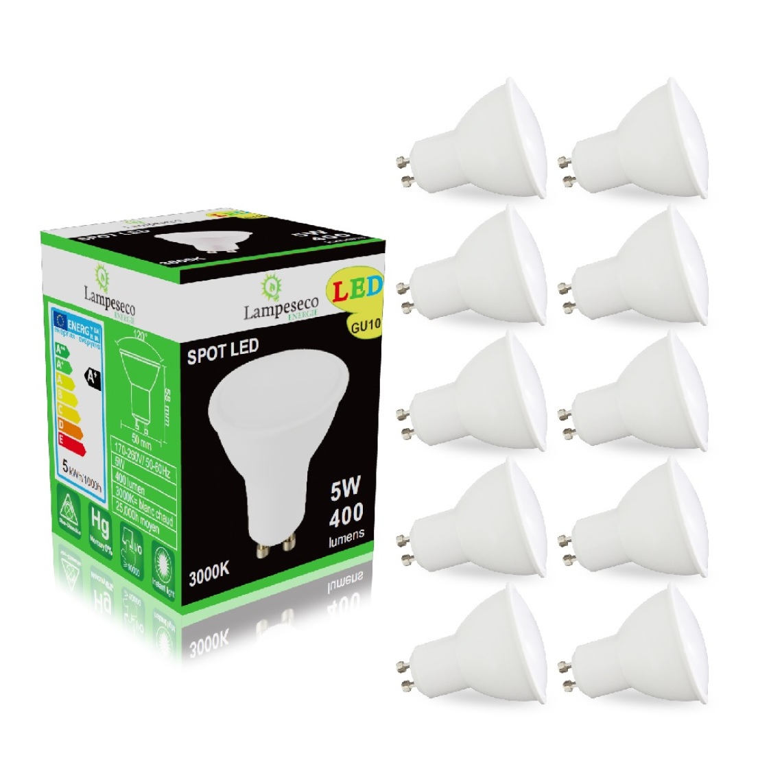 Lampesecoenergie - Pack de 10 Ampoules Led GU10 5W Blanc Chaud 3000K eq. 50W Halogène 120° - Ampoules LED