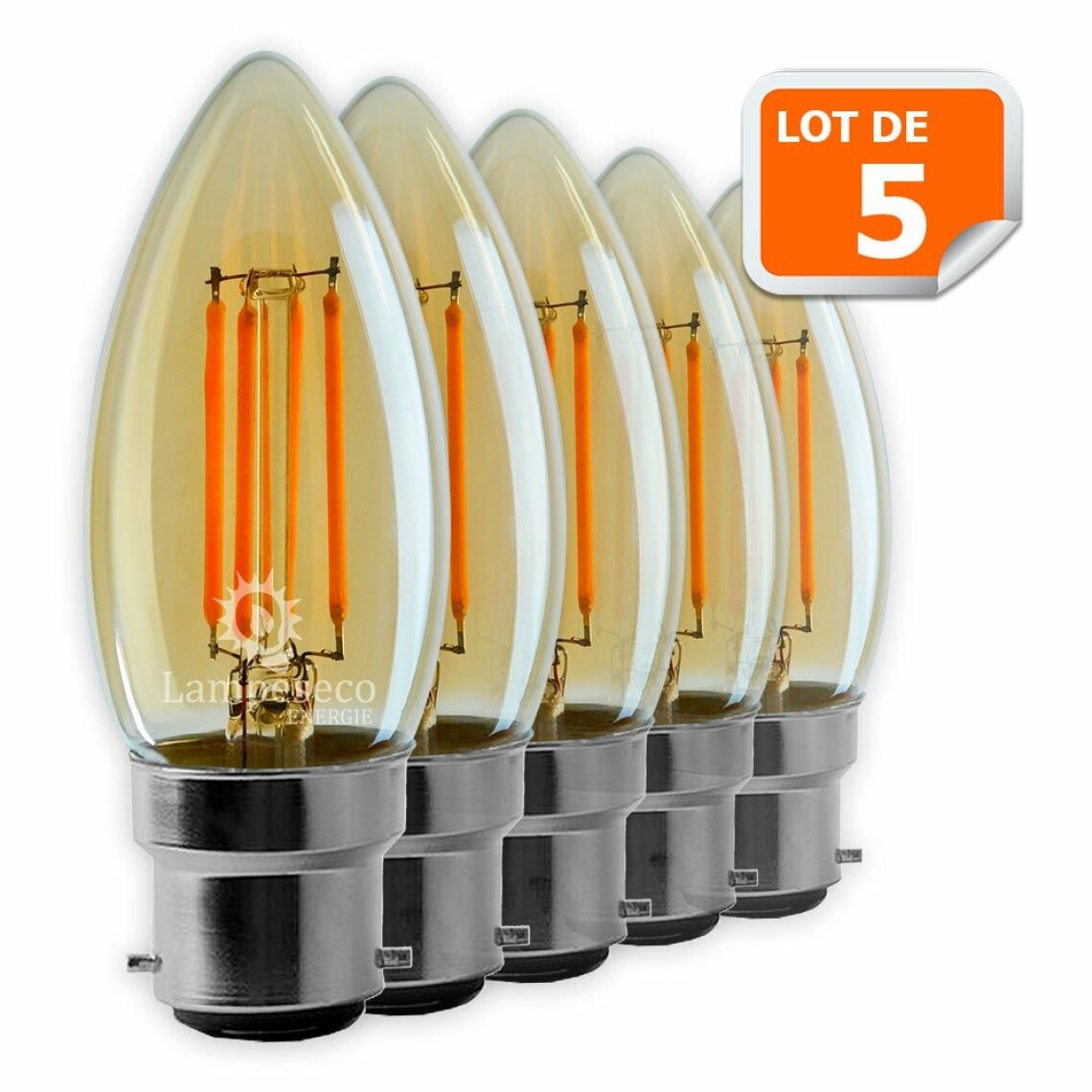 Lampesecoenergie - Lot de 5 Ampoules Led Flamme Filament Doré 4 watt (éq. 42 Watt) Culot B22 - Ampoules LED