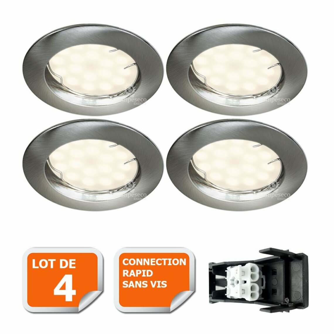 Lampesecoenergie - LOT DE 4 SPOT LED ENCASTRABLE COMPLETE RONDE FIXE ALU BROSSE eq. 50W BLANC NEUTRE - Boîtes d'encastrement