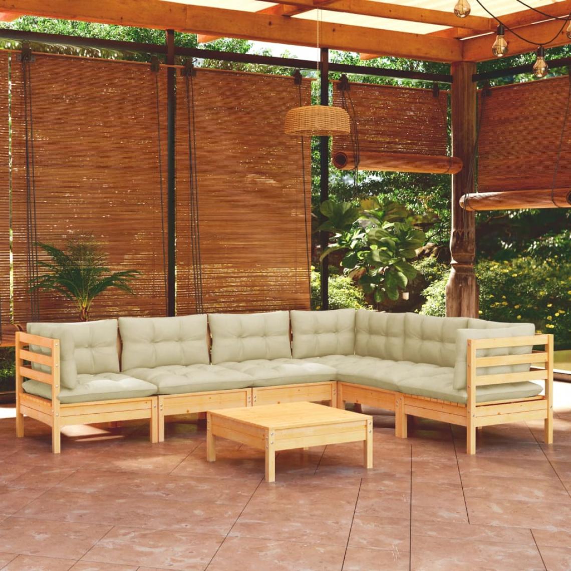 Vidaxl - vidaXL Salon de jardin 7 pcs avec coussins crème Bois de pin solide - Ensembles canapés et fauteuils