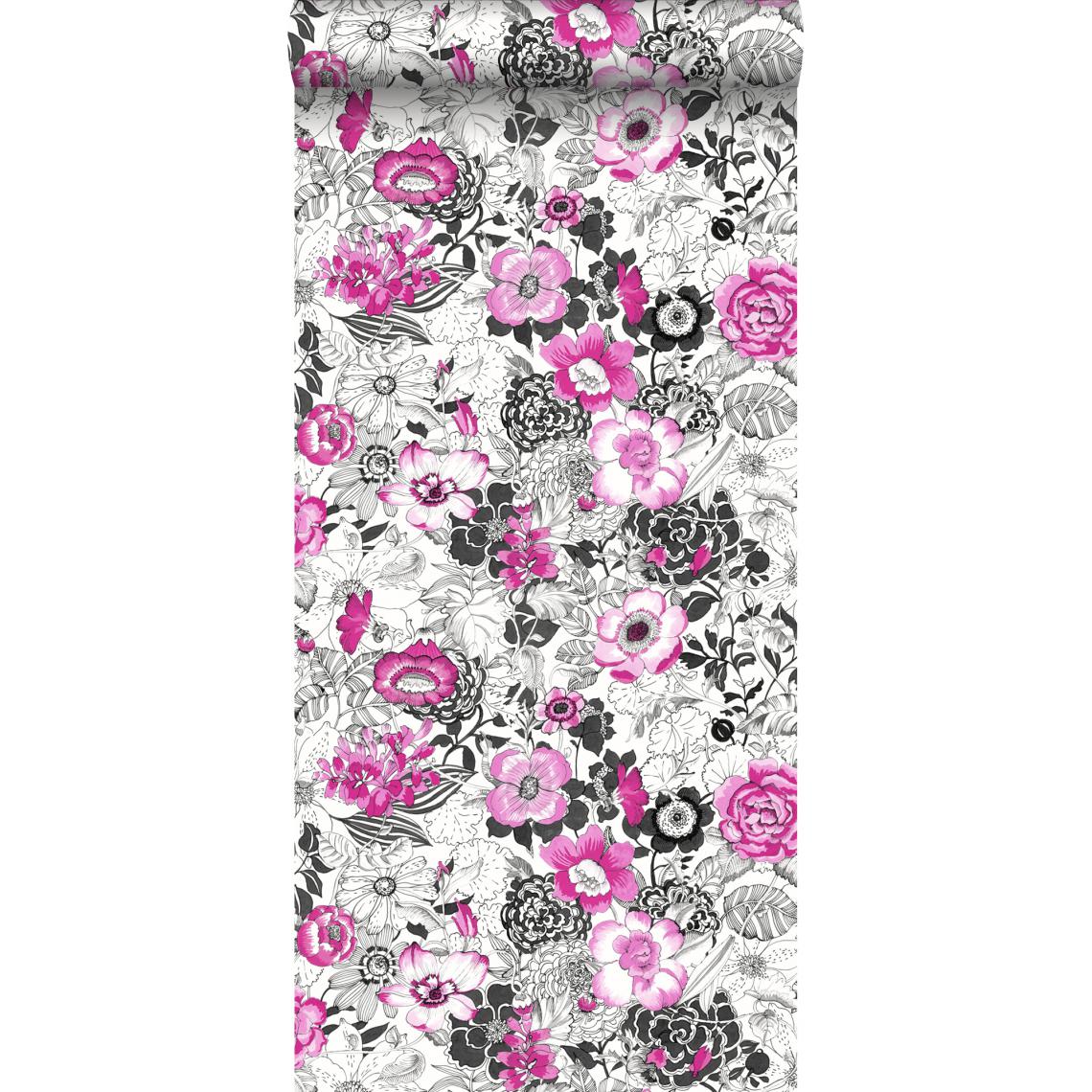 ESTAhome - ESTAhome papier peint fleurs rose et noir - 138504 - 53 cm x 10,05 m - Papier peint