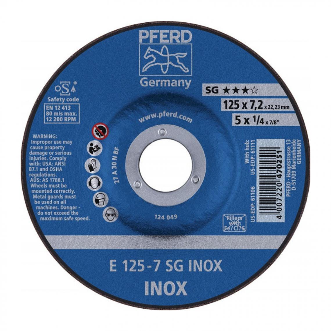 marque generique - Meule à ébarber SG INOX D125xép.4.1 mm contre-coudé INOX perçage 22.23 mm PFERD (Par 10) - Accessoires meulage