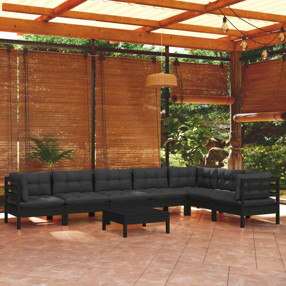 Vidaxl - vidaXL Salon de jardin 8 pcs avec coussins Noir Bois de pin solide - Ensembles canapés et fauteuils