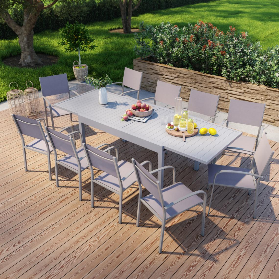 Avril Paris - Table de jardin extensible en aluminium 270cm + 10 fauteuils empilables textilène gris taupe - MILO 10 - Ensembles canapés et fauteuils