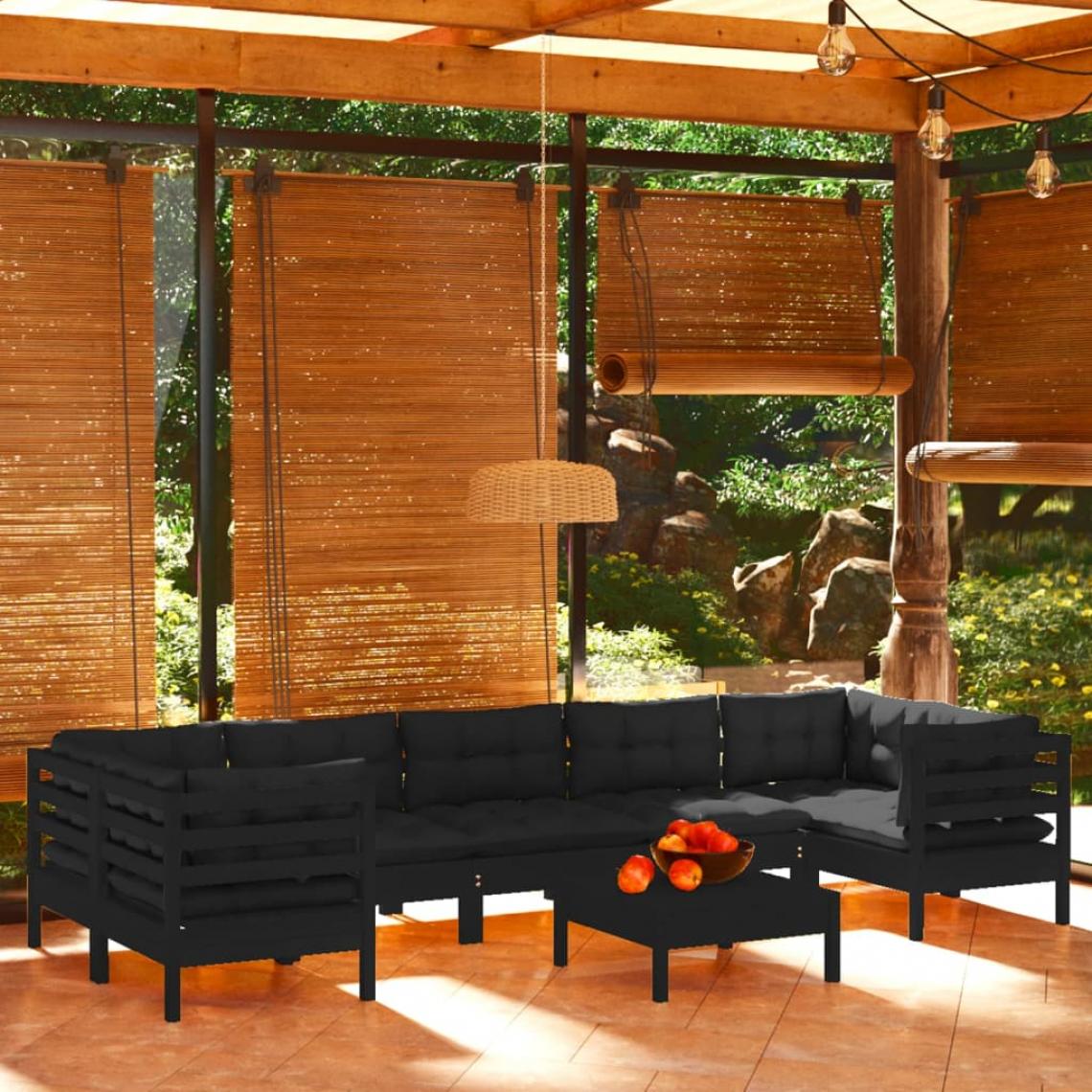 Vidaxl - vidaXL Salon de jardin 8 pcs avec coussins Noir Bois de pin - Ensembles canapés et fauteuils