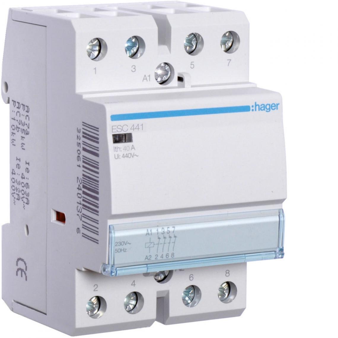 Hager - contacteur modulaire tertiaire - 40a - 4 contacts no - 230v - hager esc441 - Télérupteurs, minuteries et horloges