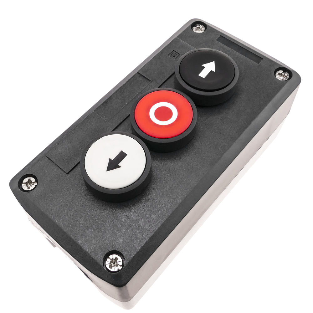 Bematik - Boîte de commande noire avec 3 boutons poussoirs momentanés con frecce 2NO et stop 1NC - Interrupteurs et prises étanches