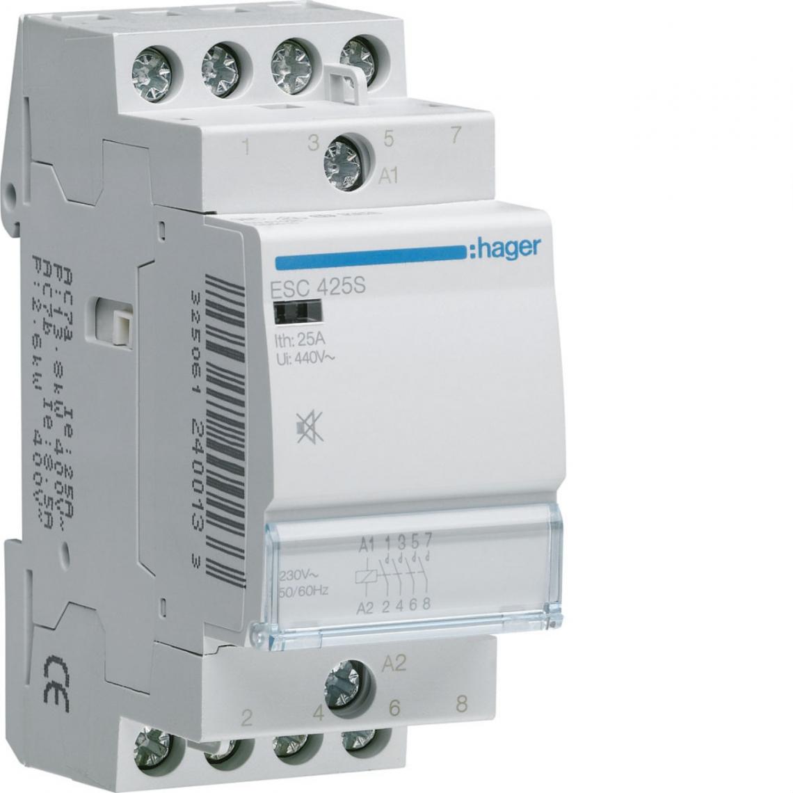 Hager - contacteur modulaire silencieux - 25a - 4 contacts nf - 230v - hager esc425s - Télérupteurs, minuteries et horloges