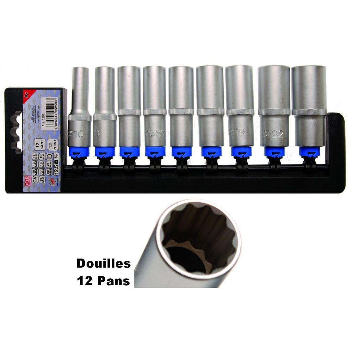 Oc-Pro - DOUILLES 12 PANS CARRE de 1/2 LONGUES - dtail : JEU de 10 à 24 mm - Clés et douilles