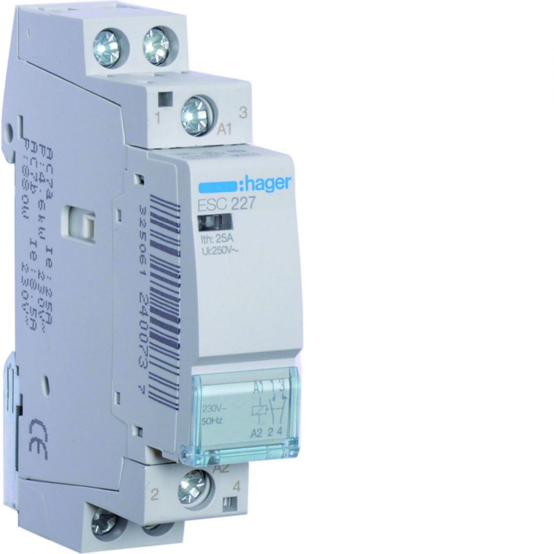 Hager - contacteur modulaire - 25a - 1 contact nf + 1 contact no - 230v - hager esc227 - Télérupteurs, minuteries et horloges