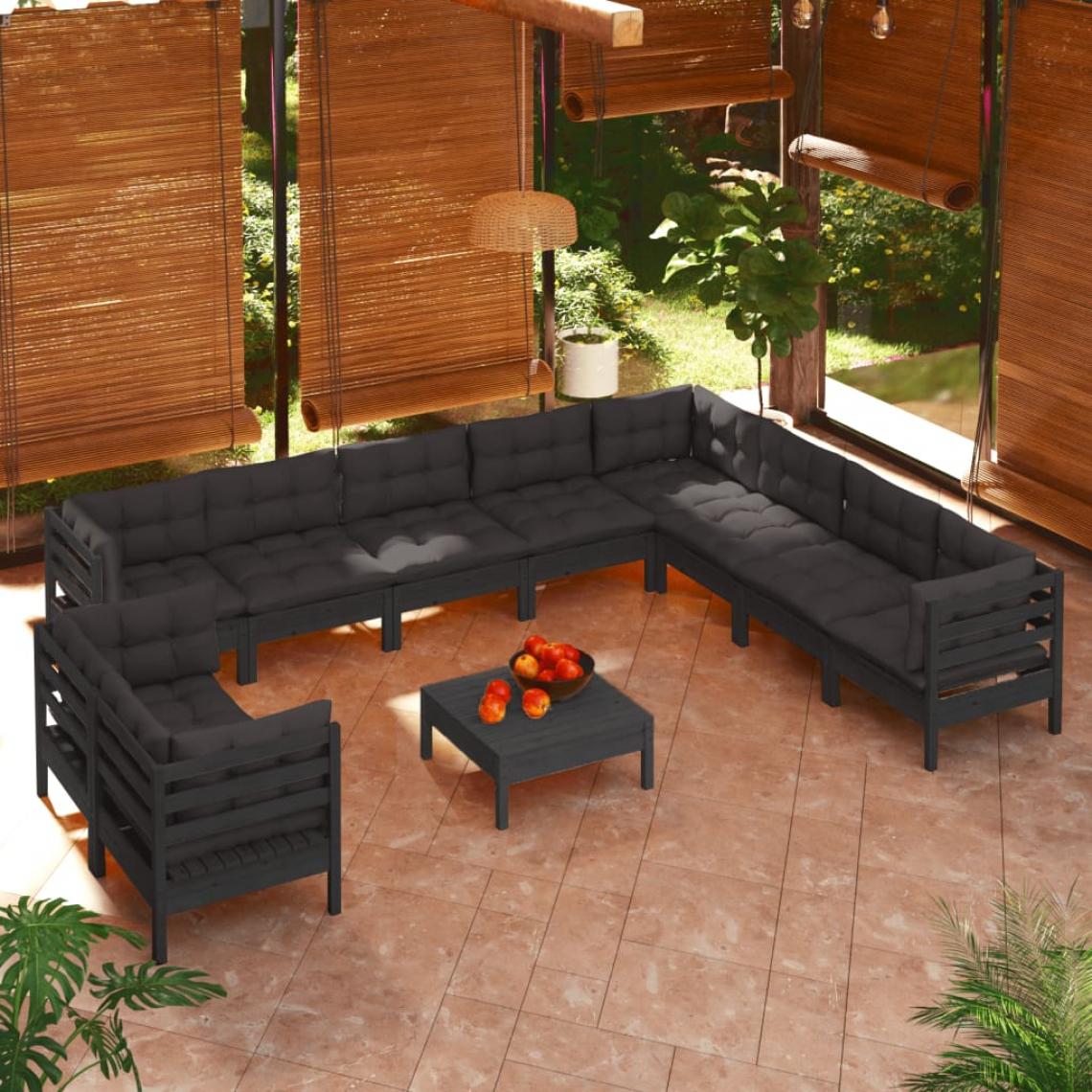 Vidaxl - vidaXL Salon de jardin 11 pcs avec coussins Noir Bois de pin solide - Ensembles canapés et fauteuils