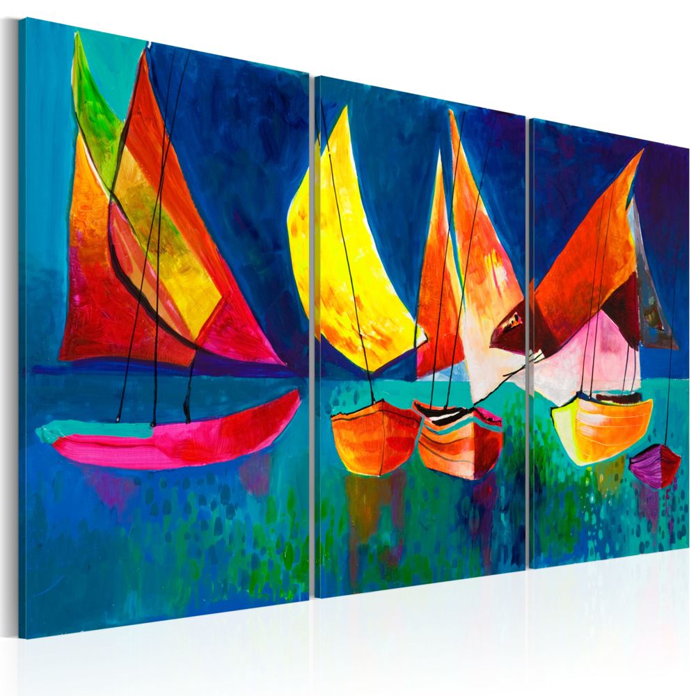 Bimago - Tableau peint à la main - Voiliers multicolores - Décoration, image, art | Paysages | Paysage marin | 120x80 cm | - Cloisons