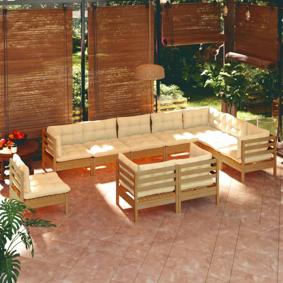 Vidaxl - vidaXL Salon de jardin 10 pcs avec coussins Marron miel Bois de pin - Ensembles canapés et fauteuils