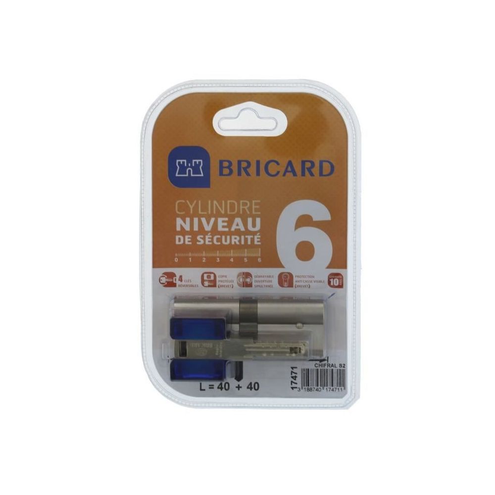 Bricard - BRICARD CHIFRAL S2 17471 Cylindre 40+40 mm double entrée nickelé niveau de sécurité 6 - Cylindre de porte